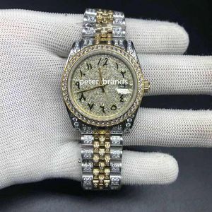 Full Diamond Arabic Numer Dial Watch Women Storlek 36mm Luxury Iced Out Watch Automatic Silver Gold Two Tone rostfri Diamond Lady268L