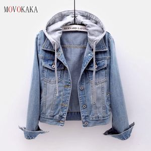 Kadın Ceketleri Movokaka mavi denim ceket kadınlar kapüşonlu dönüş yakalı denim ceket kadınlar gevşek düğme ceketi patchwork dış giysiler jean ceket kadın 230925