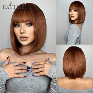 Syntetiska peruker Easihair Brown Copper Ginger Kort bob Syntetiska peruker ombre naturliga hår med lugg för kvinnor cosplay peruk värmebeständig 230227