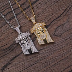 Hip Hop Jesus Head Pendant Necklace Gold Silver Plating with Rope Chain Tennis Chain Iced Out Full Zircon Mens Necklace254U