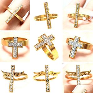 Solitärring 20 teile/los Design Mix Luxus Edelstahl Zirkon Kreuz Ringe Damen Vergoldet Jesus Großhandel Schmuck Drop Lieferung Dhhsd