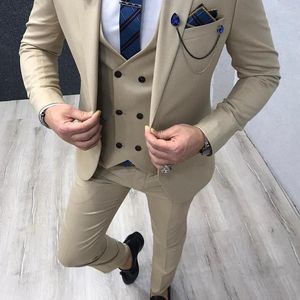 Men's Suits Khaki Jacket Vest Pants Man Slim Fit Costume Wedding Dress Notched Collar Groom Tuxedos Prom Coat 3pc Men Sets