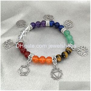 Charmarmband Seven Chakra Symbol Armband Yoga Healing Stone Amethyst Quartz Stretch Present For Man and Woman Drop Delivery Jewelry Dhjal