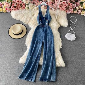 Kvinnors jumpsuits Rompers Summer Fashion Jeans Demin Jumpsuit Kvinnor ärmlös Halter Romper Skinny Wide-Ben Pants Sexiga overaller Kvinna Vintage PlaySuit L230926