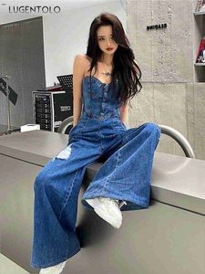 Kvinnors jumpsuits rompers kvinnor denim jumpsuit lite fet heta flickor sexig rör topp koreansk stil sexiga overaller smala hög midja en bit bred benbyxor l230926