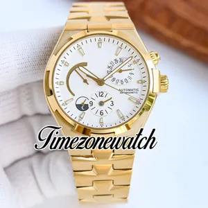 TWF Overseas Dual Time 47450 A1222 Automatisk herrklocka 18K Yellow Gold Power Reserve White Dial Stick rostfritt stål Armband Super Edition Watches E171A