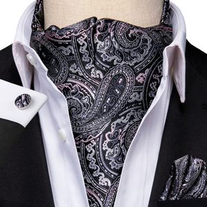 Bow Ties Hi-Tie Silk Gray Mens Ascot Tie Pocket Square Cufflinks Set Jacquard Woven Cravat for Male Groomsmen Wedding Business Events 230922