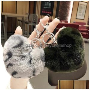 Nyckelringar Faux Rabbit Päls Ball KeyFobs Fluffy Leopard Pompom Keychain Women Handbag Pendant Keyring Fashion Heart Holder smycken Drop Dhked