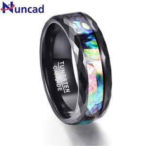 Nuncad 8mm Men's Abalone Shell & Polished Black Faceted Tungsten Carbide Rings Wedding Bands Size 7-12314V