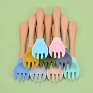 Cucchiai 2 pezzi / set 14 cm Set forchetta per bambini colore caramella bordo liscio manico in legno cucchiaio in silicone per bambini mini mangiatoie per bambini