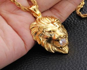 Legal men039s jóias tom de ouro amarelo aço inoxidável moda biker leão cristais brancos pingente corda corrente 22039039 2482111