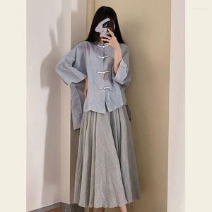 Abbigliamento etnico 2023 Estate elegante blu fibbia allentata manica lunga top camicetta gonna cinese tradizionale vestito Tang per le donne dolce Ao Dai