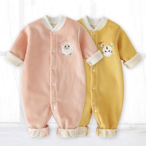 Rompers Autumn Winter Ins Born Boys Bodysuit Cotton Plus Vlevet Gruby Baby Boys Parkas Cartoon Długie rękawie dla dzieci Rompers 230925