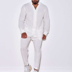 Pantaloni a maniche lunghe con scollo a V in tinta unita Pantaloni a due pezzi Moda Semplice Casual Sport Cotone Lino Abito traspirante da uomo