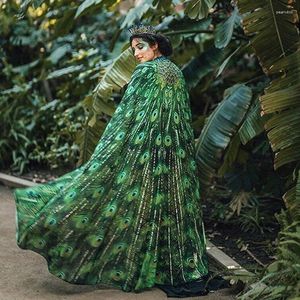 Scene Wear Shawl Cape Chiffon Thin Cloak Women Peacock Long Tailed Green Lace Up Dance Costume rund hals halv längd klänning