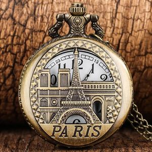 Relógios de bolso vintage bronze oco edifício paris torre eiffel display relógio de quartzo colar pingente relógio de lembrança fob chainpoc225n