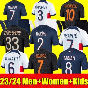 Neue 23 24 MBAPPE HAKIMI Fußballtrikots Vitinha N.Mendes O.Dembele Maillots de Football 2023 2024 MARQUINHOS VERRATTI PSGs Männer Frauen Kinder Kit Hemd Uniformen Home 3rd