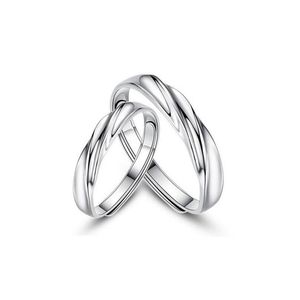 Couple Rings Simple Korean Real 925 Sterling Sier Pair For Couples Opening Wave Lovers Ring Jewelry Wholesale Drop Delivery Dhwxp