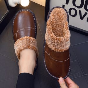 Slippers Genuine Leather Waterproof Slippers Faux Fur Indoor Slippers Women Winter Home Unisex Warm Plush Slides Outdoor Fuzzy Shoes 230926