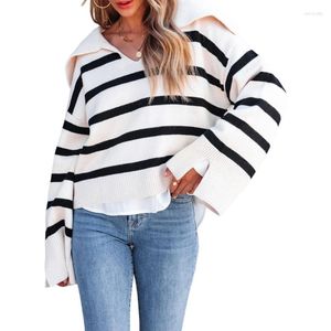 Kvinnors tröjor 2023 Kvinnor Navy Collar Striped Sweater Fashion V-Neck Casual Loose Sticked Tops