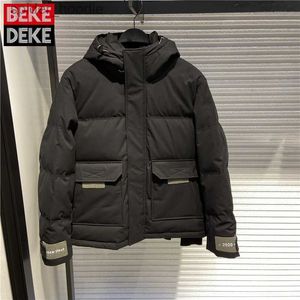 Daunenparkas für Herren, koreanischer Stil, schlanker schwarzer Cargo-Kapuzen-Daunenmantel, Stehkragen, Winter, Straße, warme weiße Enten-Daunenjacke, Reißverschluss, Oberbekleidung, S-2XL, L230926