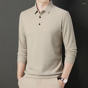 Men's Polos Spring And Autumn Pullover Collar Button Solid Screw Thread Long Sleeved T-shirt Polo Underlay Fashion Casual Formal Tops