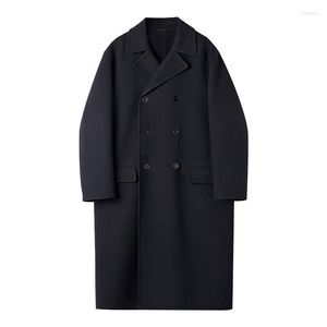 Men's Wool Classic Simple Japanese Black Double-breasted Woolen Coat Loose Long