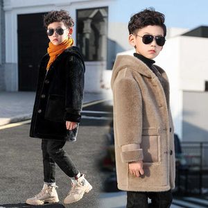 Coat Boy's Woolen For Fall Winter Teen Kids Fur Allinone Children Plus Velvet Thick Hooded Jacket 230926