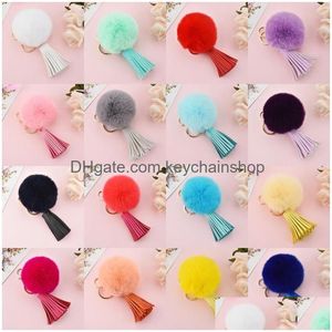 Nyckelringar Artificial Rabbit Fur Jewelry Fashion Fluffy Plush Ball Keychains Söt Tassel Pompom Keyring Bag Charm för kvinnor Drop Delive DHSJ6