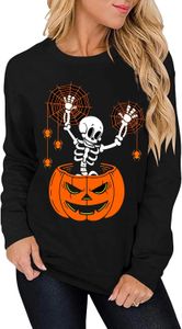 Women's Halloween Costume Pumpkin Skeleton T-Shirt Funny Long Sleeve Pullover Tops for Ladies