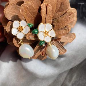 Brincos pendurados bonitos esmalte esmalte flor pérola brinco para mulheres simples acessórios de orelha femininos presente