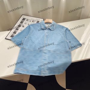 xinxinbuy Maglietta da uomo firmata 23ss Paris Lettera in rilievo Camicia in denim Milano manica corta in cotone da donna Nero Bianco blu albicocca M-3XL