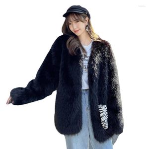 Women's Fur Winter Faux Coat Women Black Plush Jacket Female 2023 In Outerwears Ladies V-Neck Fluffy