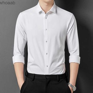 Camisas masculinas listradas de cor sólida camisas masculinas manga comprida resistente a rugas novo design tecido sem costura fibra de bambu camisa masculina manga comprida slim YQ230926