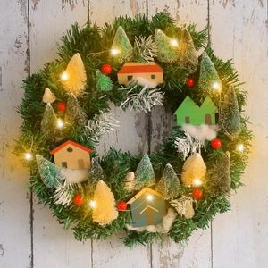 Decorative Flowers Luminous Christmas Wreath Artificial Plant Garland With Led String Light Tree House For Front Door Xmas Hanging Decor