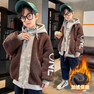 Coat Young Boys' Lamb's Fleece Hooded Patchwork Drawstring Plush Thickened Soft Warm Korean Zipper 2023 Winter Fashion 514 Yrs 230926