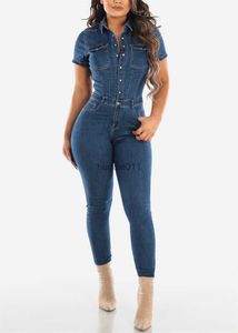 Women's Jumpsuits Rompers Jeans Stretch Jumpsuit Sexy Women Turn Down Collar Skinny Blue Denim Casual Overalls Rompers L230926