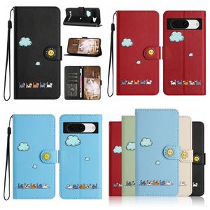 Smile Cat Pu Leather Wallet Actions لـ Samsung S24 Ultra Plus A05S A15 A35 A24 A25 Google Pixel 8 Pro 7a 6a Clound Clound Flip Cover Cover Cover Card Card Card Pouch