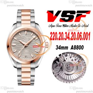 VSF Aqua Terra 150M A8800 Automatic Ladies Watch 43mm Two Tone Rose Gold Gray Texture Dial Stainless Steel Bracelet Super Version 220.20.34.20.06.001 Womens Puretime G7