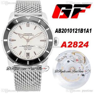 GF 42mm AB2010121 ETA A2824 Automatisk herrar Titta på svart keramisk bezel vit urtavla rostfritt stål mesh armband utgåva PTBL PU242W