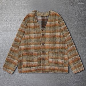 Men's Sweaters High Quality Brown Check Mohair Cardigan Wool Blend Knit Sweater V-Neck Fall Fashion Jacket Men