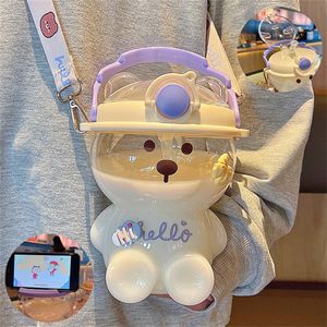 女の子のための1lクマの水のボトルストローと輸送用アイテム旅行マグカワイイkidsタンブラースポーツ1リットルドリンクケトル