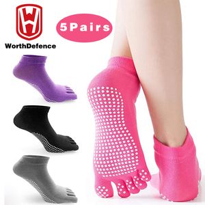 Meias esportivas Worthdefence 5 pares mulheres esportes yoga meias cinco dedos chinelo antiderrapante para senhora pilates ballet calcanhar dança meias de compressão 230925