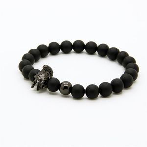 Mens Jewelry Bracelet 8mm A Grade Matte Agate Stone New Roman Warrior Helmet Micro Paved CZ Beads Spartan Bracelets211g