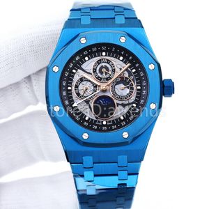 최고 패션 자동 기계식자가 와인딩 시계 남자 블루 다이얼 41mm 사파이어 유리 날짜 날짜 달의 위상 손목 시계 캐주얼 풀 스테인레스 스틸 밴드 시계
