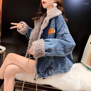 Women's Jackets Fried Street Lambswool Cowboy Coat Autumn Winter 2023 Korean Loose Denim Jacket Plus Velvet Overcoat Female