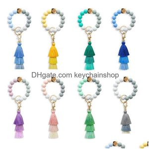 Chaveiros Sílica Gel Bead Ring Party Favor Feminino Food Grade Sile Pulseira Keyring Tassel Corda Elástica Frisada Mão String Chaveiro Pen Dhjoy