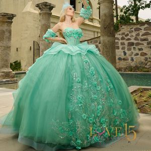 Süße Prinzessin Mintgrün Ballkleid Quinceanera Kleider Schulterfrei Blumen Applikationen Perlen Luxus Vestidos Korsett Ab 15 Jahren