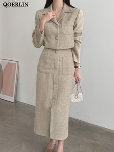 Two Piece Dress Qoerlin Elegant 2 -stycken set kvinnor kläder tweed kjol och blazer kostymer stilils kortjacka kappa hög midja baksida kjol 230926