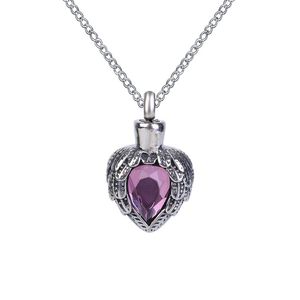 Urn Necklace Purple Birthstone Wing Heart Pendant Memorial Ash Keepsake Cremation Jewelry Stainless Steel With Gift Bag and Chain288U